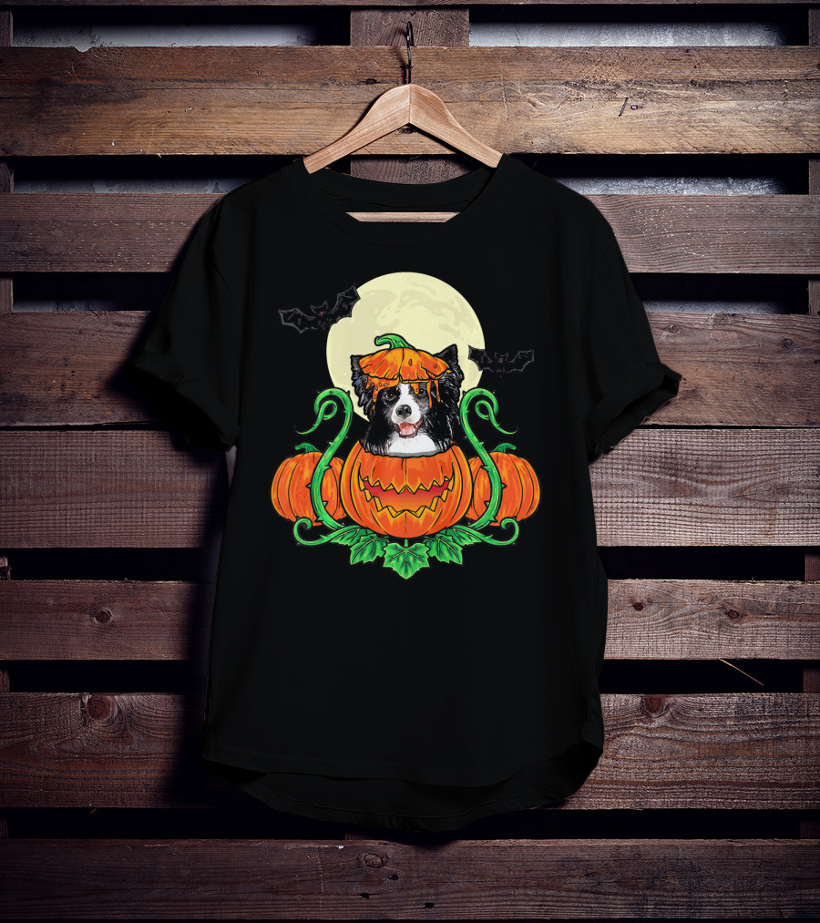 Border Collie Halloween Pumpkin Full Moon With Bats T-Shirt