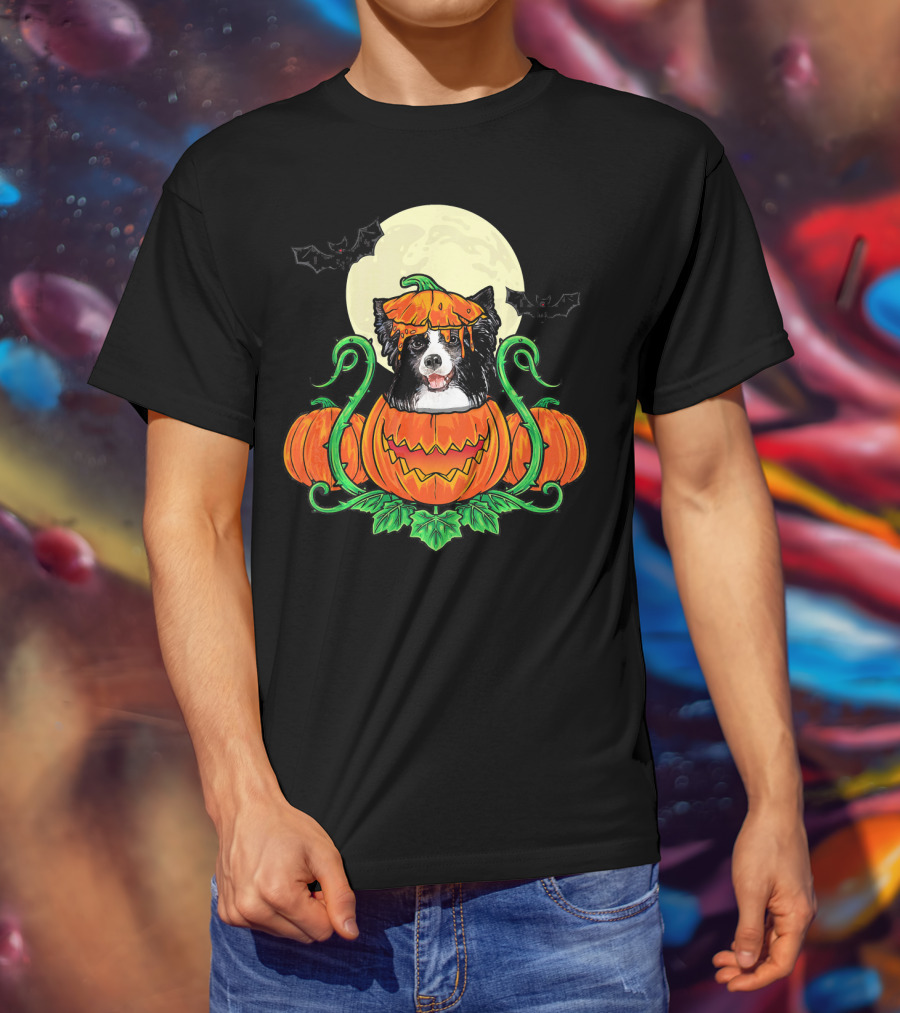 Border Collie Halloween Pumpkin Full Moon With Bats T-Shirt
