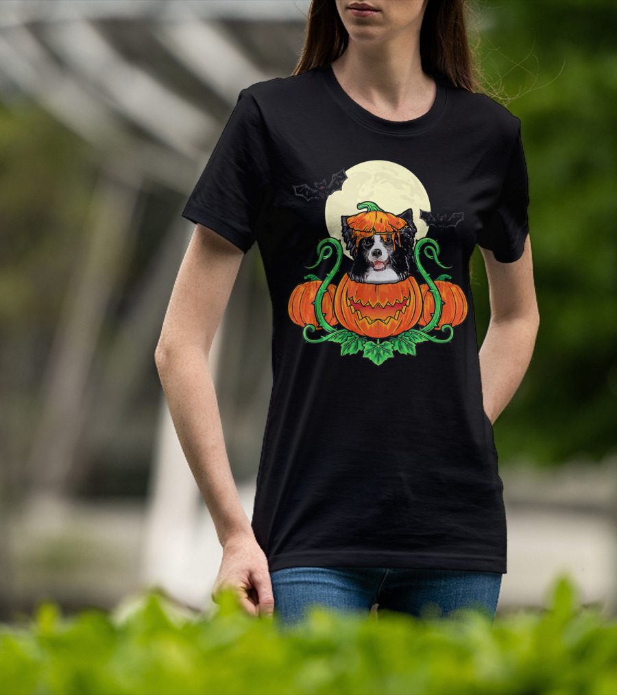Border Collie Halloween Pumpkin Full Moon With Bats T-Shirt