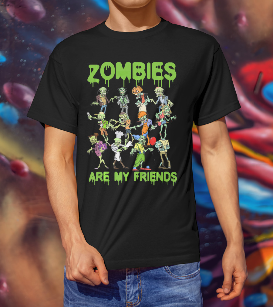 Funny Colorful Zombies Are My Friends Party Scene T-Shirt