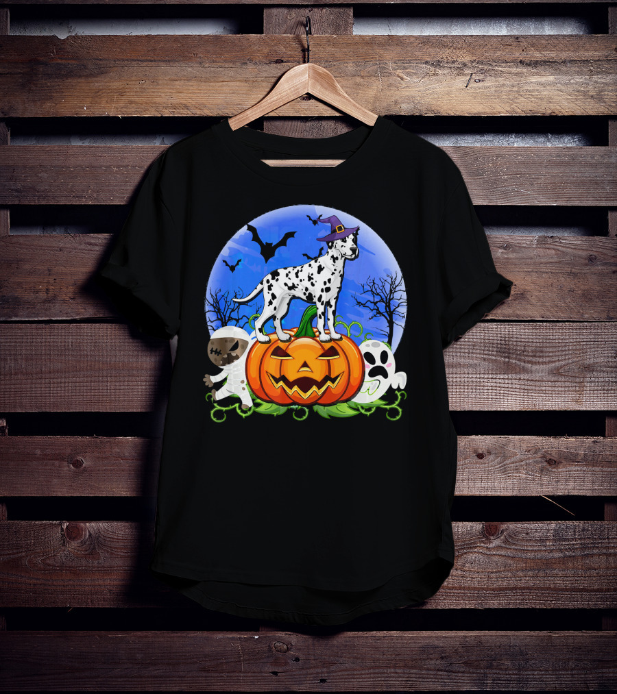 Dalmatian Pumpkin Halloween Mummy Ghost Moon Bats Trees T-Shirt