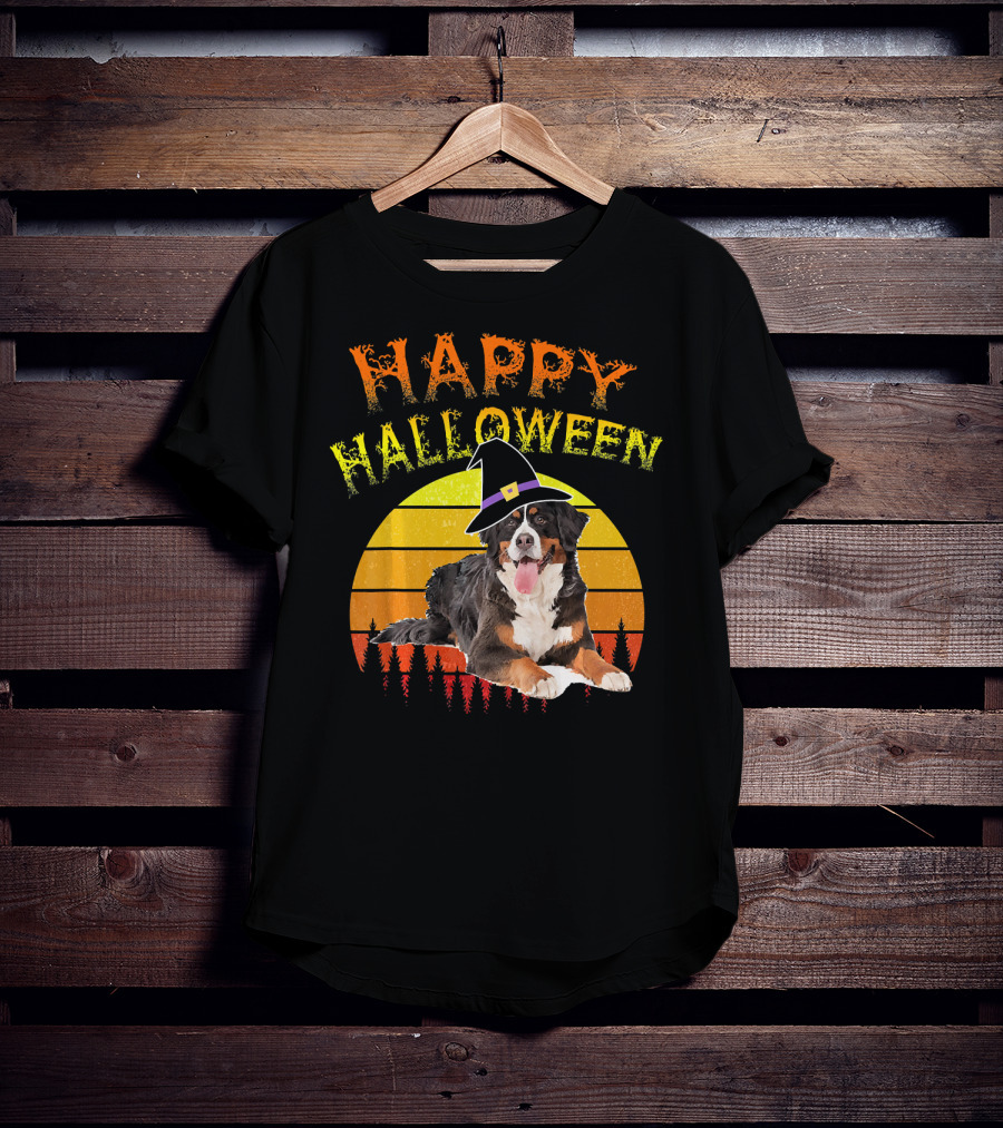 Happy Halloween Bernese Mountain Dog Lover Witch Hat Sunset T-Shirt