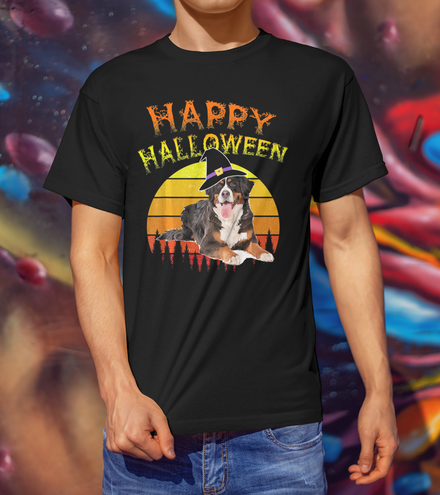 Happy Halloween Bernese Mountain Dog Lover Witch Hat Sunset T-Shirt