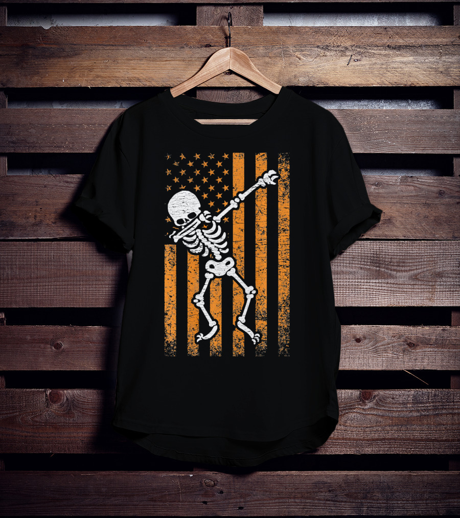 Halloween Dabbing Skeleton American Flag Retro Style Icons T-Shirt