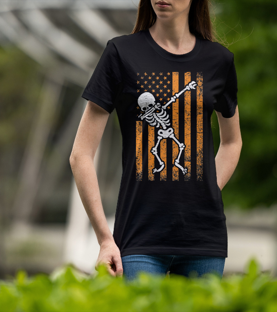 Halloween Dabbing Skeleton American Flag Retro Style Icons T-Shirt