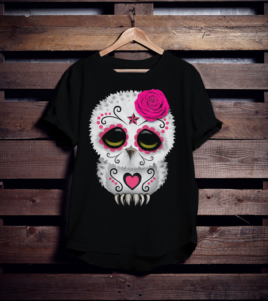 Owl Sugar Skull With Pink Rose And Heart Motif T-Shirt