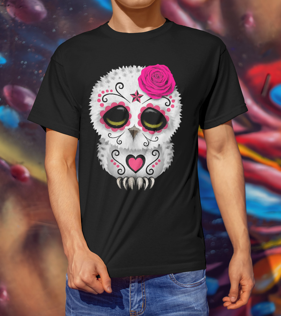 Owl Sugar Skull With Pink Rose And Heart Motif T-Shirt