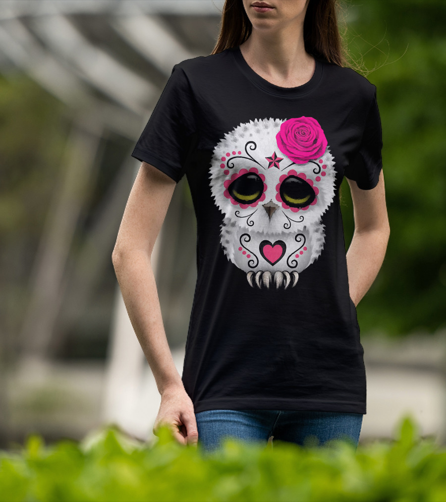 Owl Sugar Skull With Pink Rose And Heart Motif T-Shirt