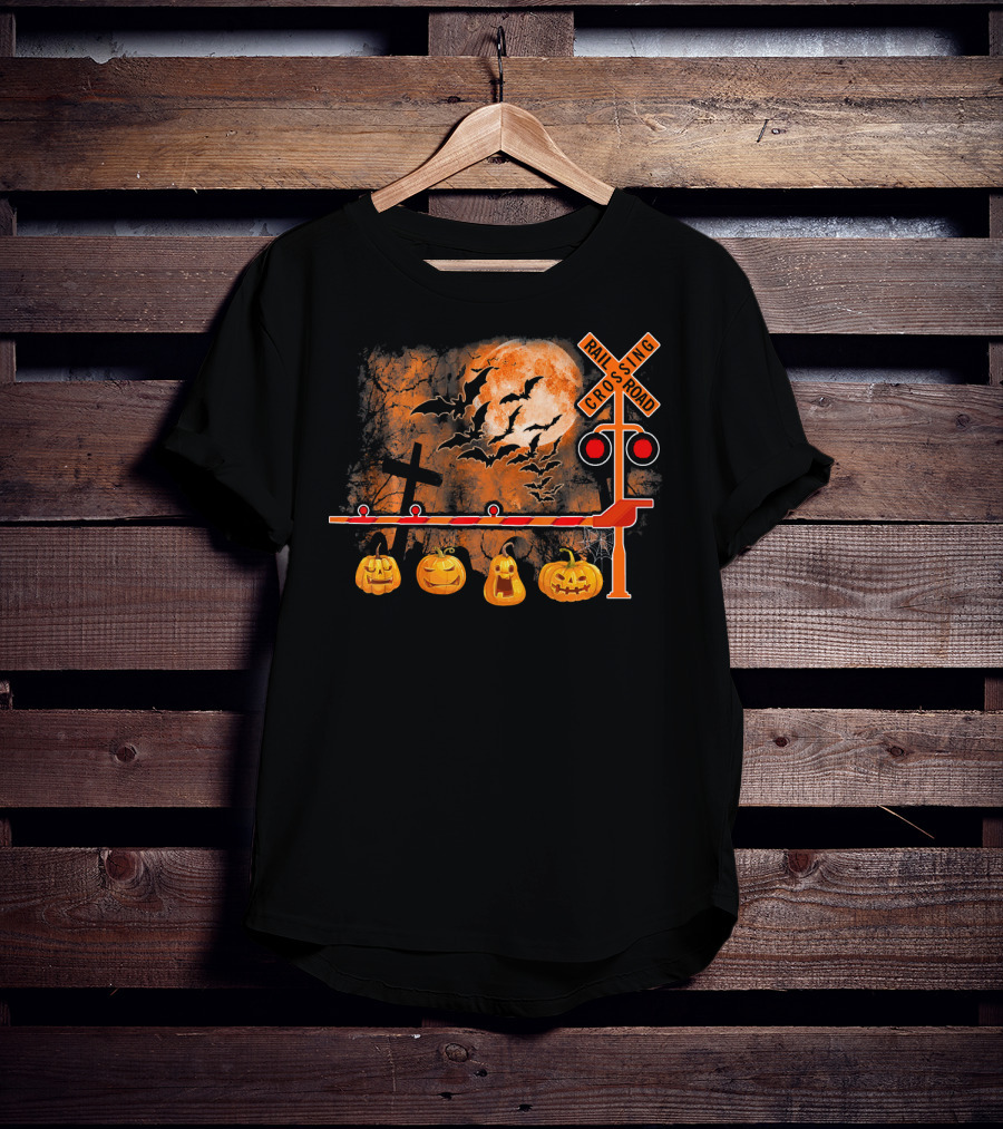 Halloween Railroad Crossing Sign With Pumpkins And Bats T-Shirt