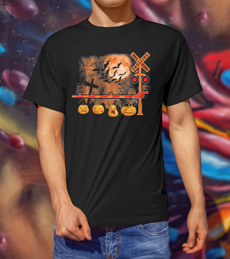 Halloween Railroad Crossing Sign With Pumpkins And Bats T-Shirt