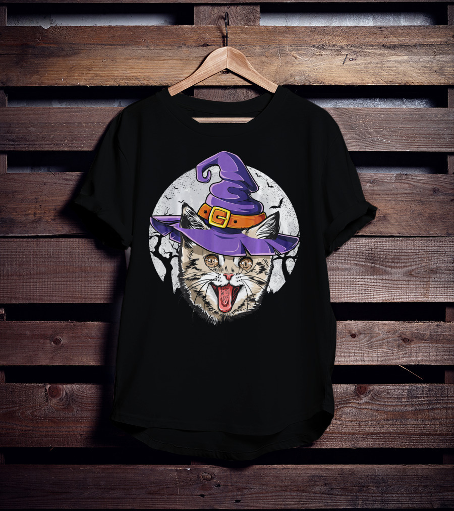 Funny Halloween Witch Cat With Purple Hat And Moon Background T-Shirt