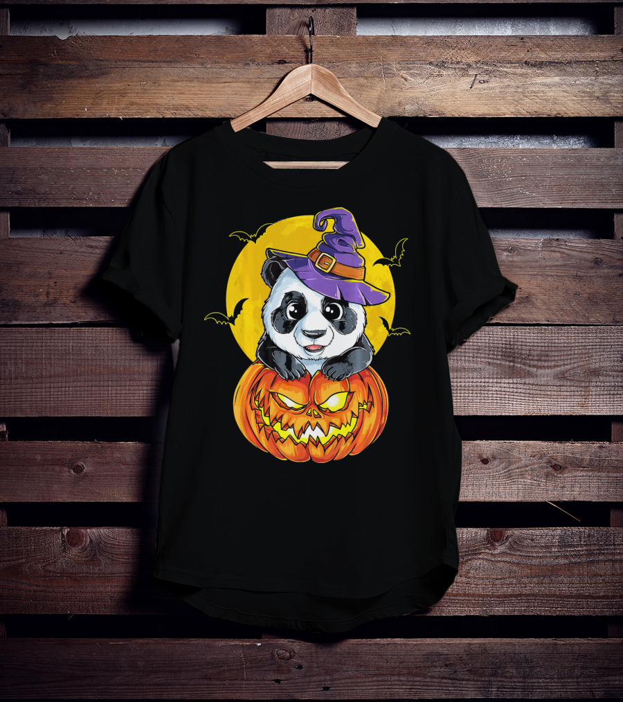 Panda Witch Halloween Pumpkin Moon Bats T-Shirt