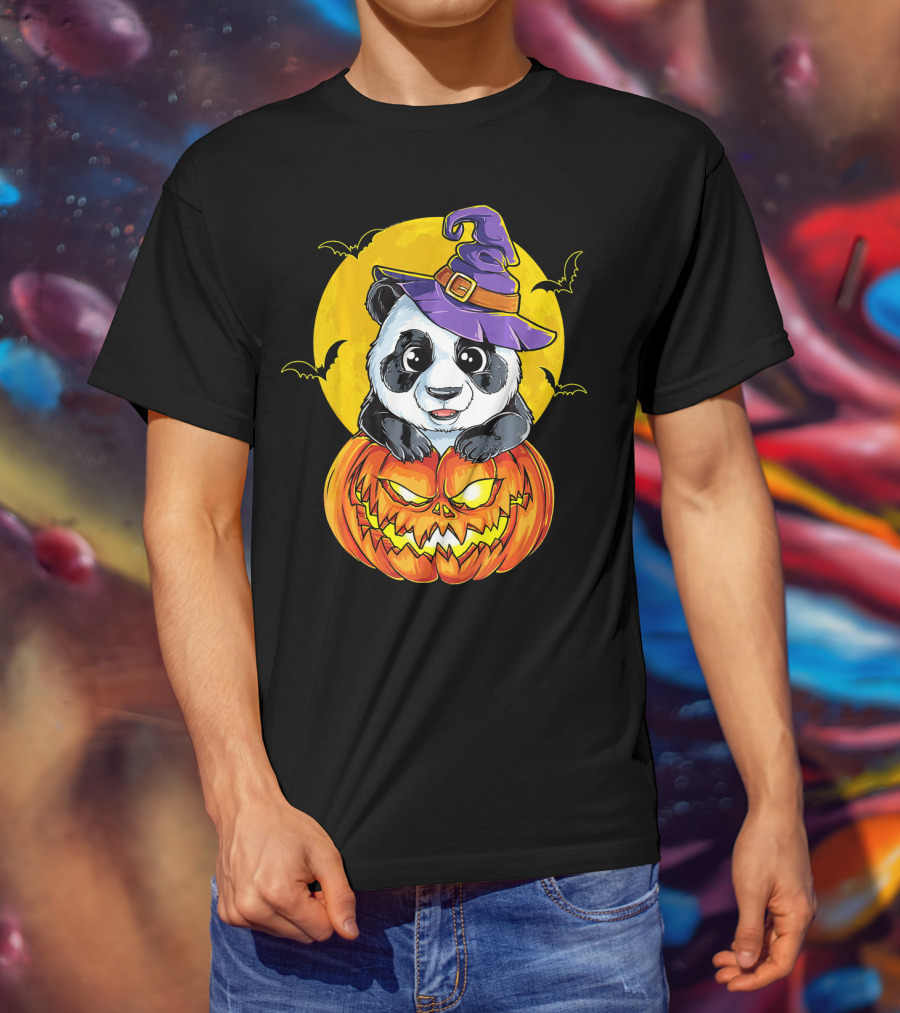 Panda Witch Halloween Pumpkin Moon Bats T-Shirt