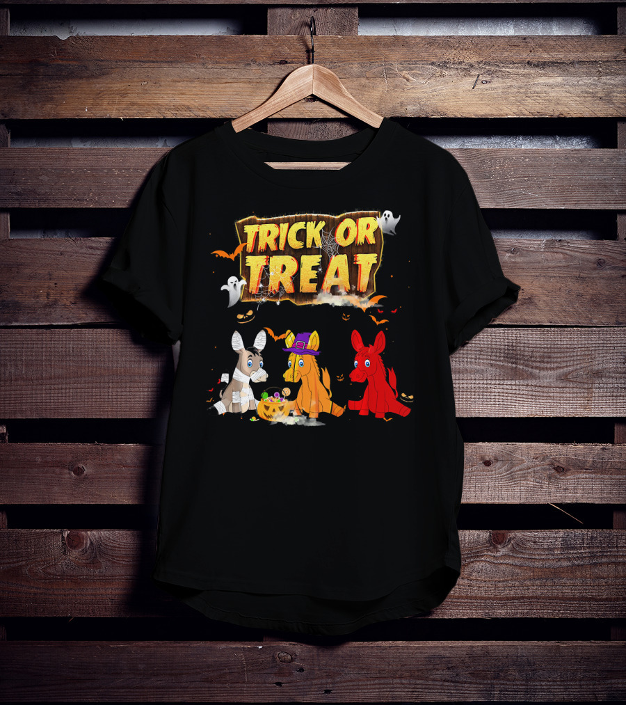 Trick Or Treat Three Donkeys Halloween Candy Pumpkins Ghosts T-Shirt