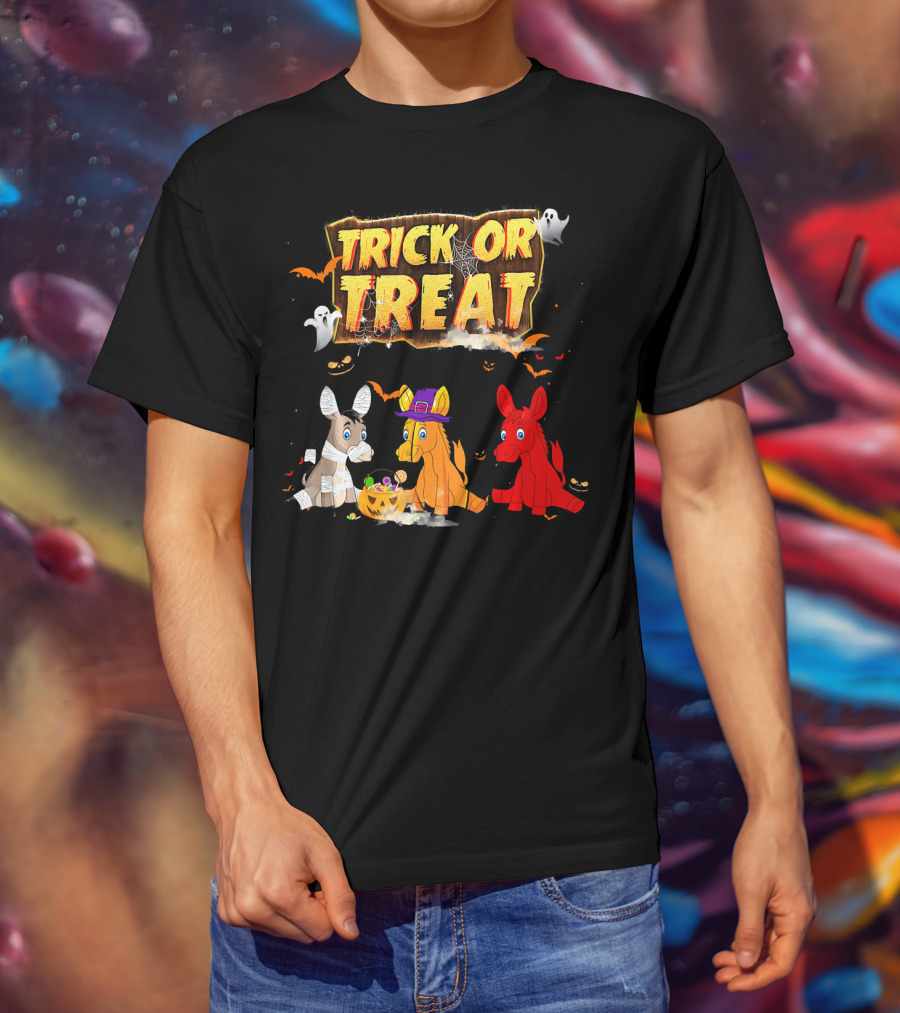 Trick Or Treat Three Donkeys Halloween Candy Pumpkins Ghosts T-Shirt