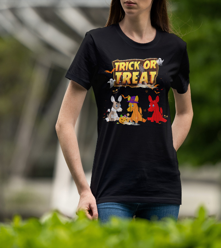 Trick Or Treat Three Donkeys Halloween Candy Pumpkins Ghosts T-Shirt