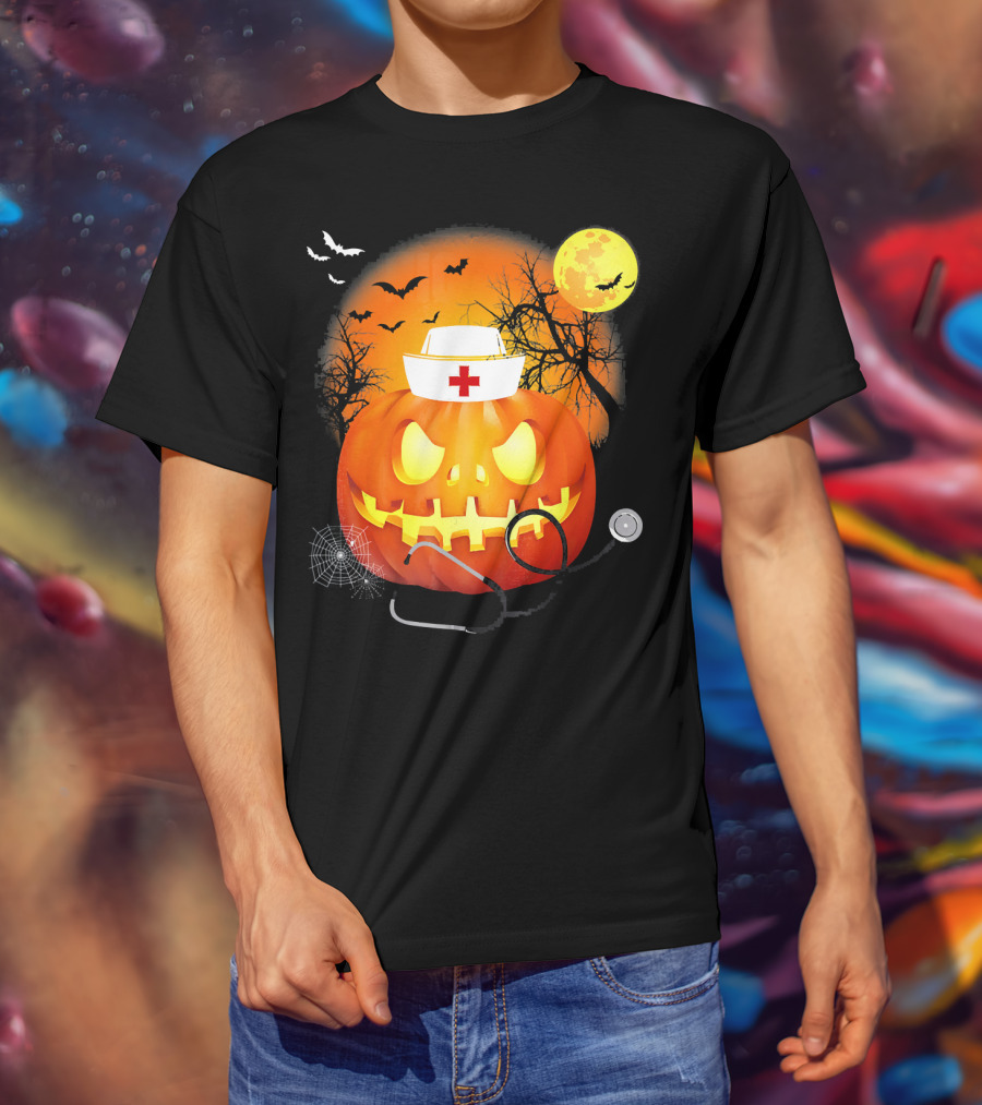 Nurse Halloween Pumpkin With Stethoscope And Bats T-Shirt