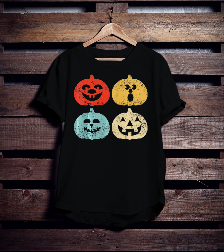 Vintage Halloween Pumpkin Women Retro Colorful Jack-O'-Lantern Faces T-Shirt