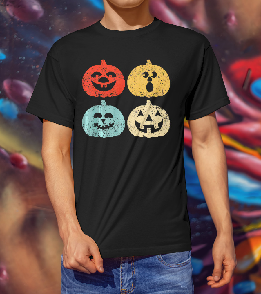 Vintage Halloween Pumpkin Women Retro Colorful Jack-O'-Lantern Faces T-Shirt