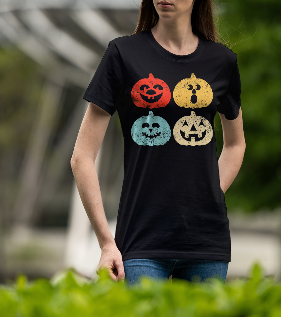 Vintage Halloween Pumpkin Women Retro Colorful Jack-O'-Lantern Faces T-Shirt
