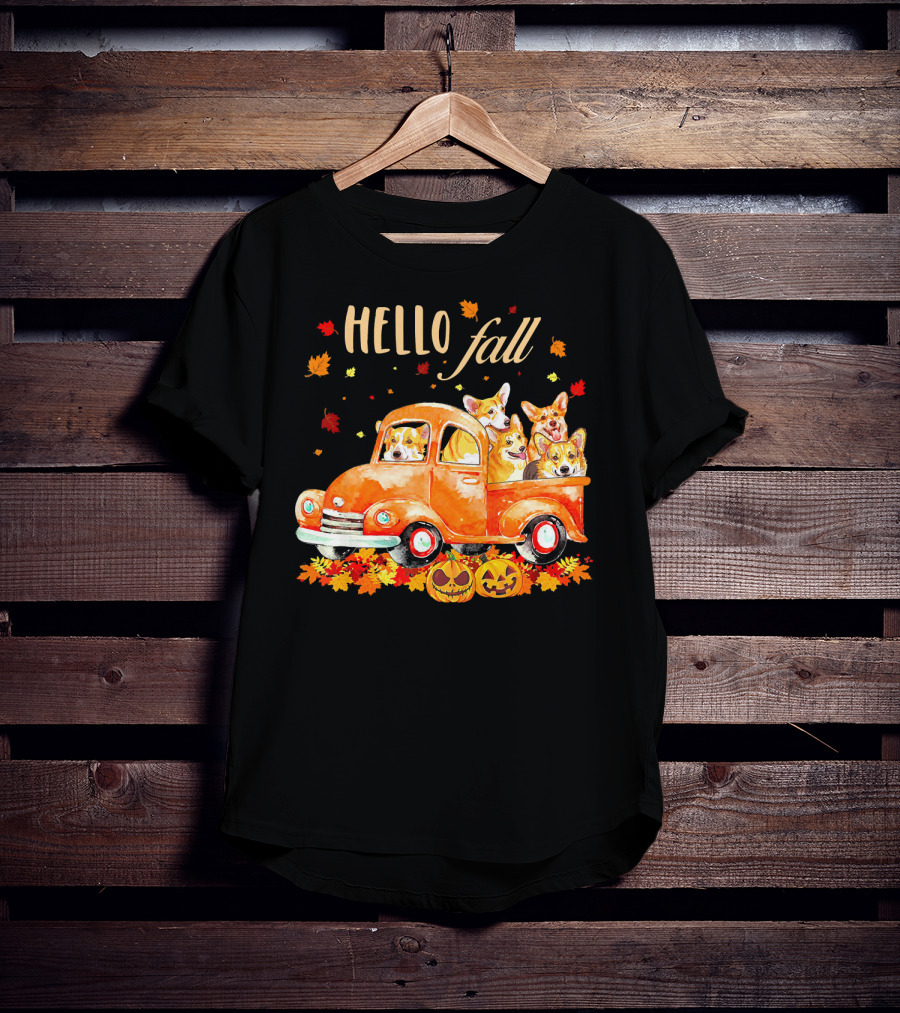 Hello Fall Corgis In Pumpkin Truck With Autumn Leaves And Jack-O'-Lanterns T-Shirt