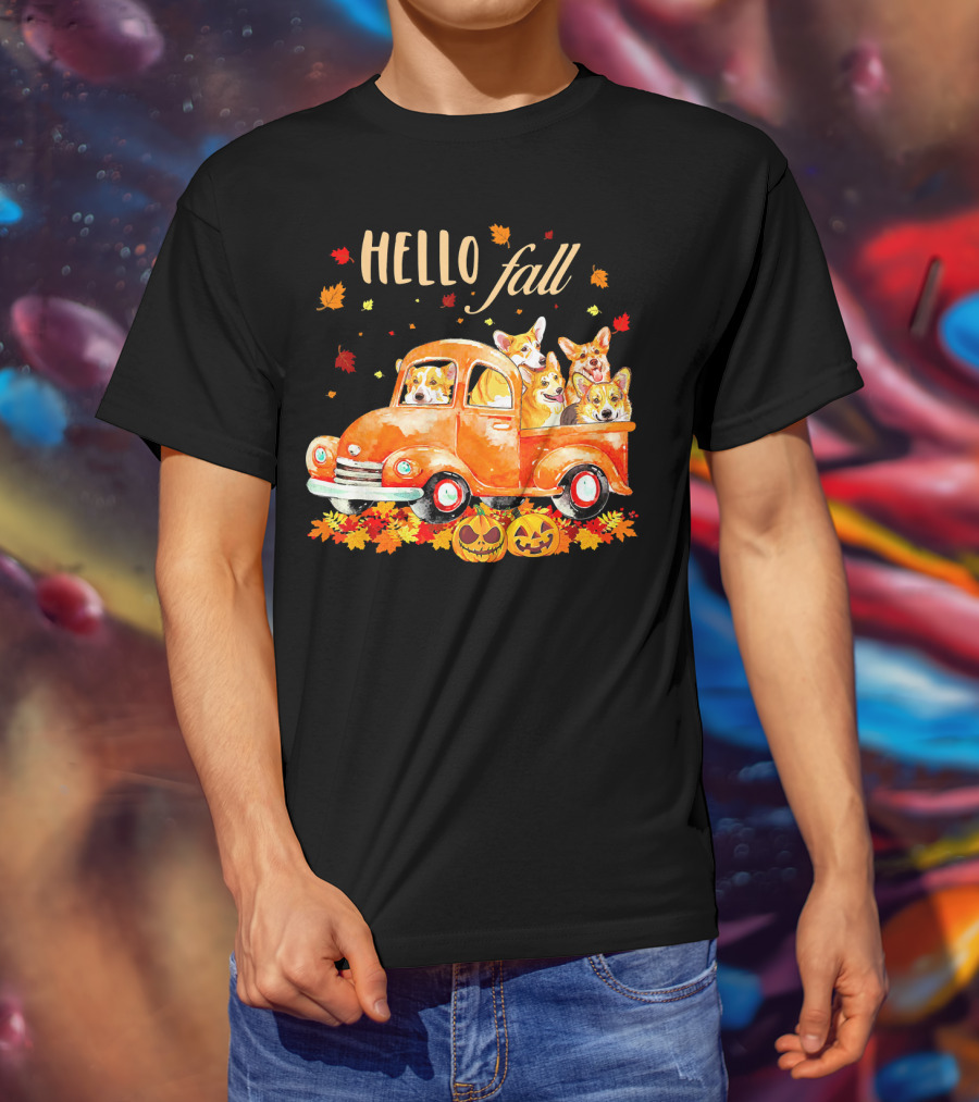 Hello Fall Corgis In Pumpkin Truck With Autumn Leaves And Jack-O'-Lanterns T-Shirt