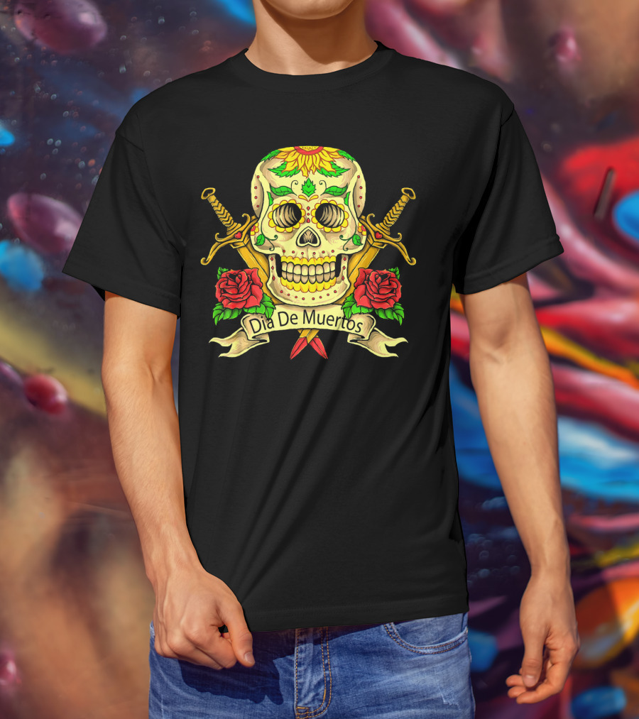Dia De Muertos Skull With Roses And Swords Celebrating Day Of The Dead T-Shirt