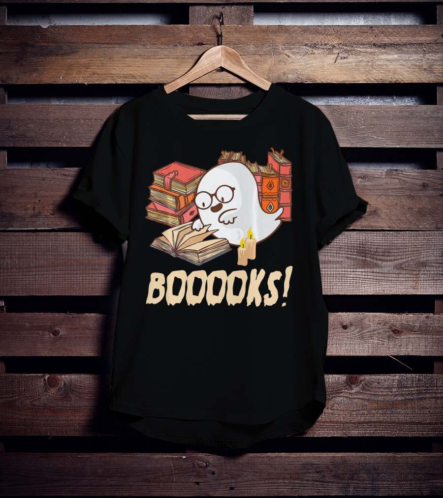 BOOOOKS Cute Reading Boo Ghost With Stacks Of Books And Candles T-Shirt