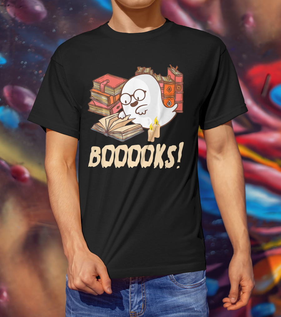 BOOOOKS Cute Reading Boo Ghost With Stacks Of Books And Candles T-Shirt
