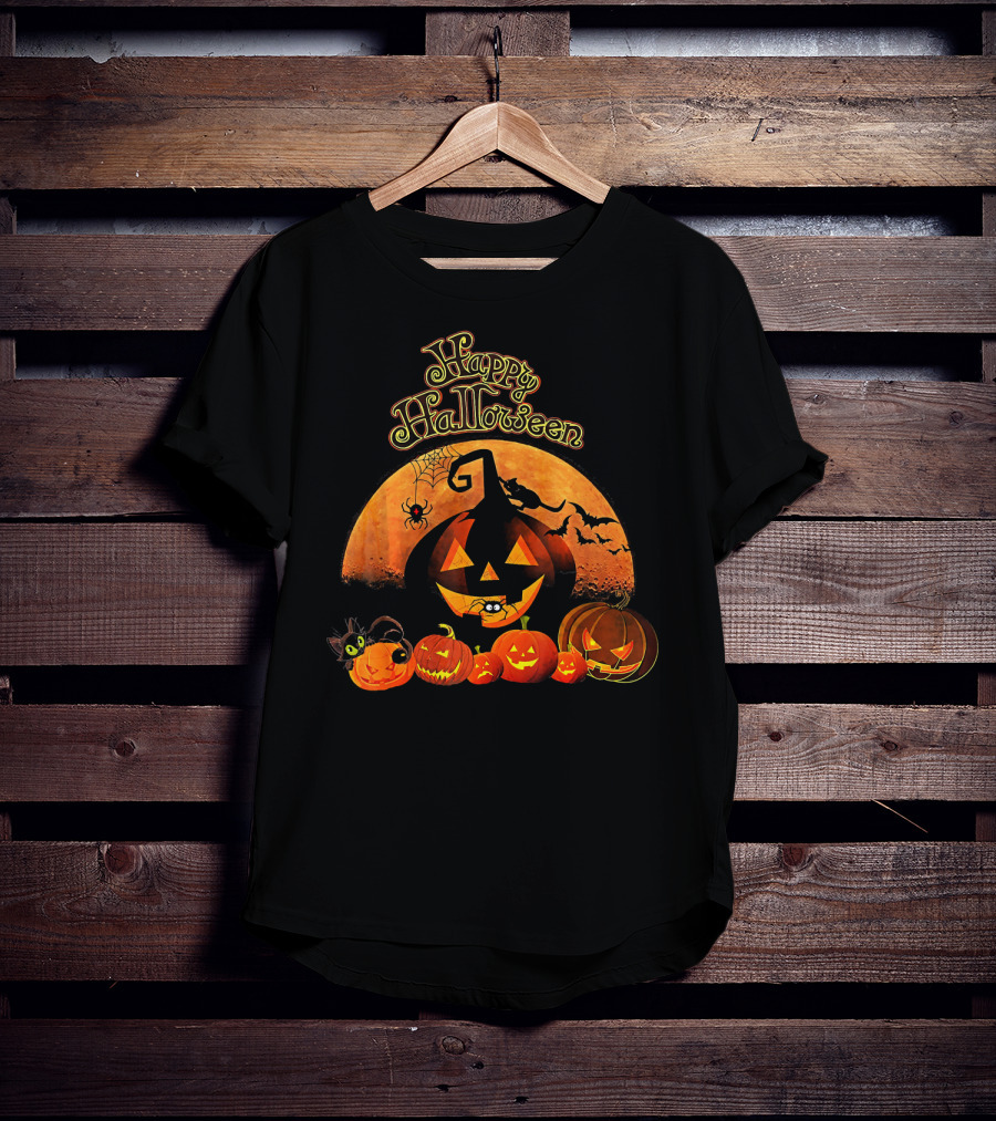 Happy Halloween Pumpkin Black Cat Witch Spider Bats T-Shirt