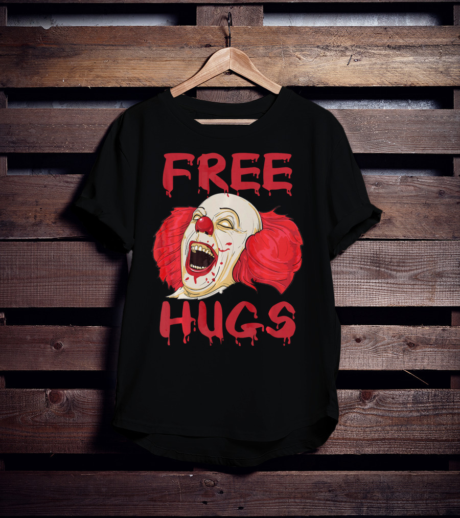 Free Hugs Evil Killer Scary Clown Costume Blood Red Horror T-Shirt