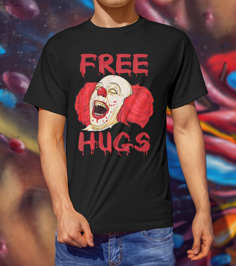 Free Hugs Evil Killer Scary Clown Costume Blood Red Horror T-Shirt