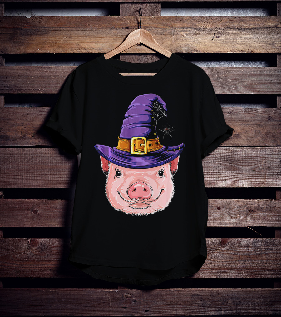 Pig In Witch Hat With Spider And Web Halloween T-Shirt