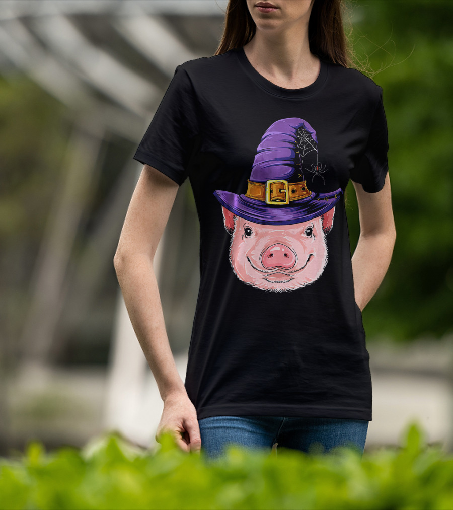 Pig In Witch Hat With Spider And Web Halloween T-Shirt