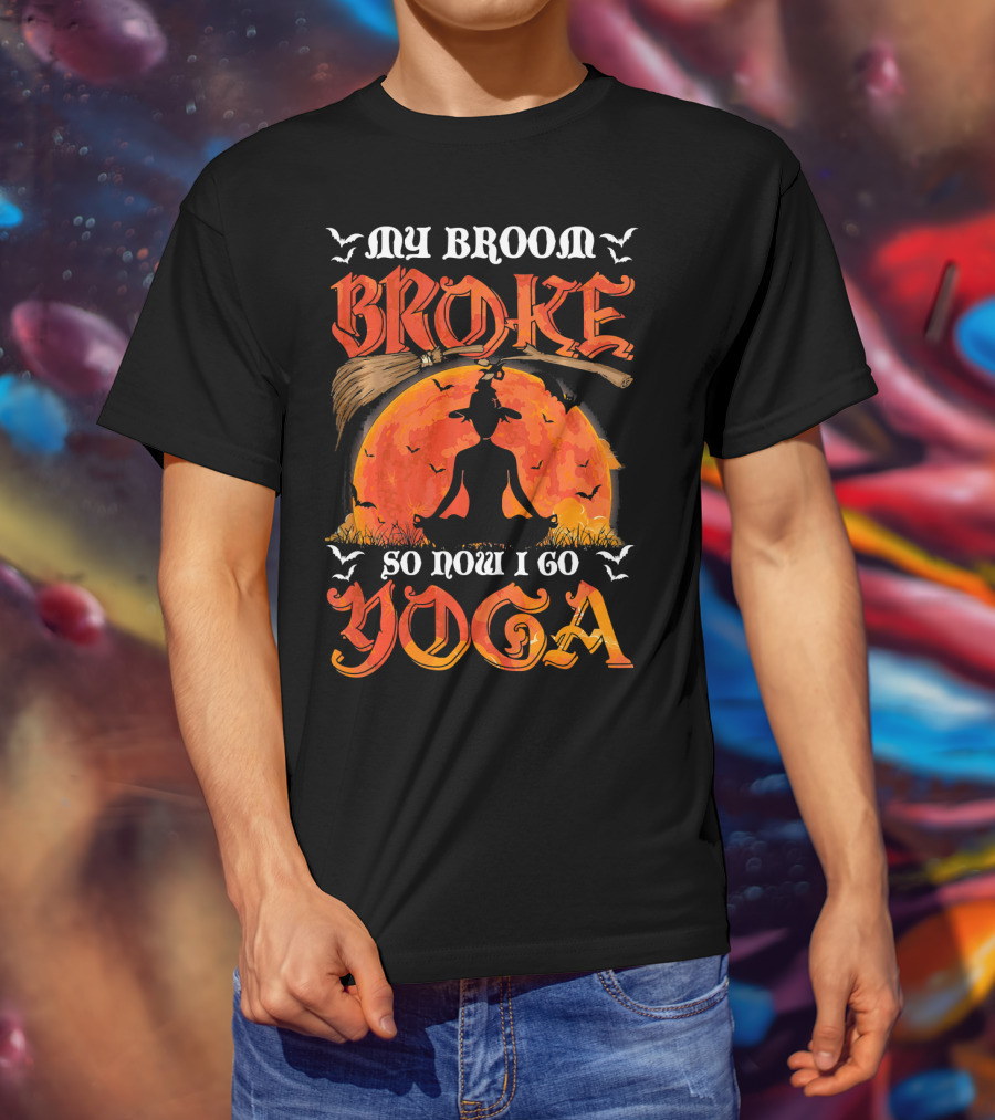 My Broom Broke So Now I Go Yoga Halloween Moon Meditation Bats T-Shirt
