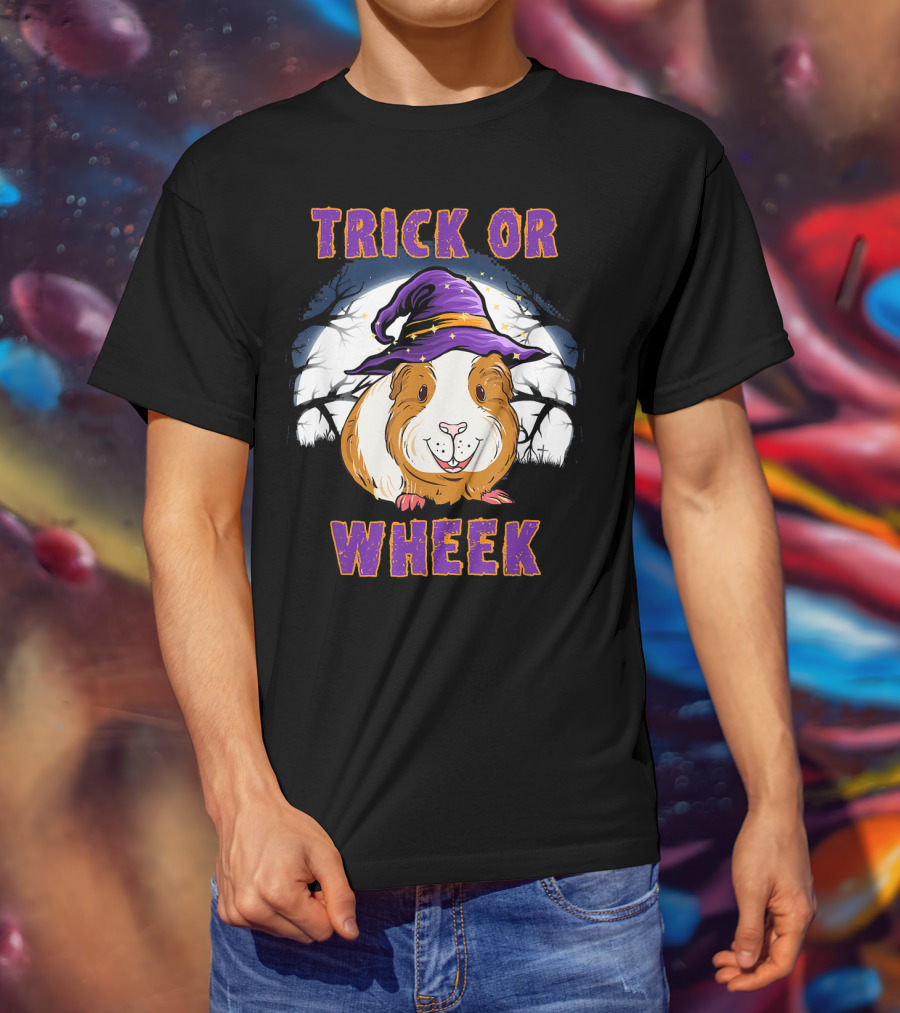 Trick Or Wheek Halloween Guinea Pig With Witch Hat And Moon Background T-Shirt