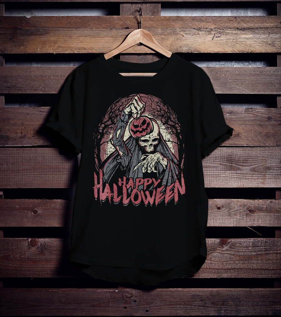 Halloween Scary Zombie Skeleton With Pumpkin Head T-Shirt