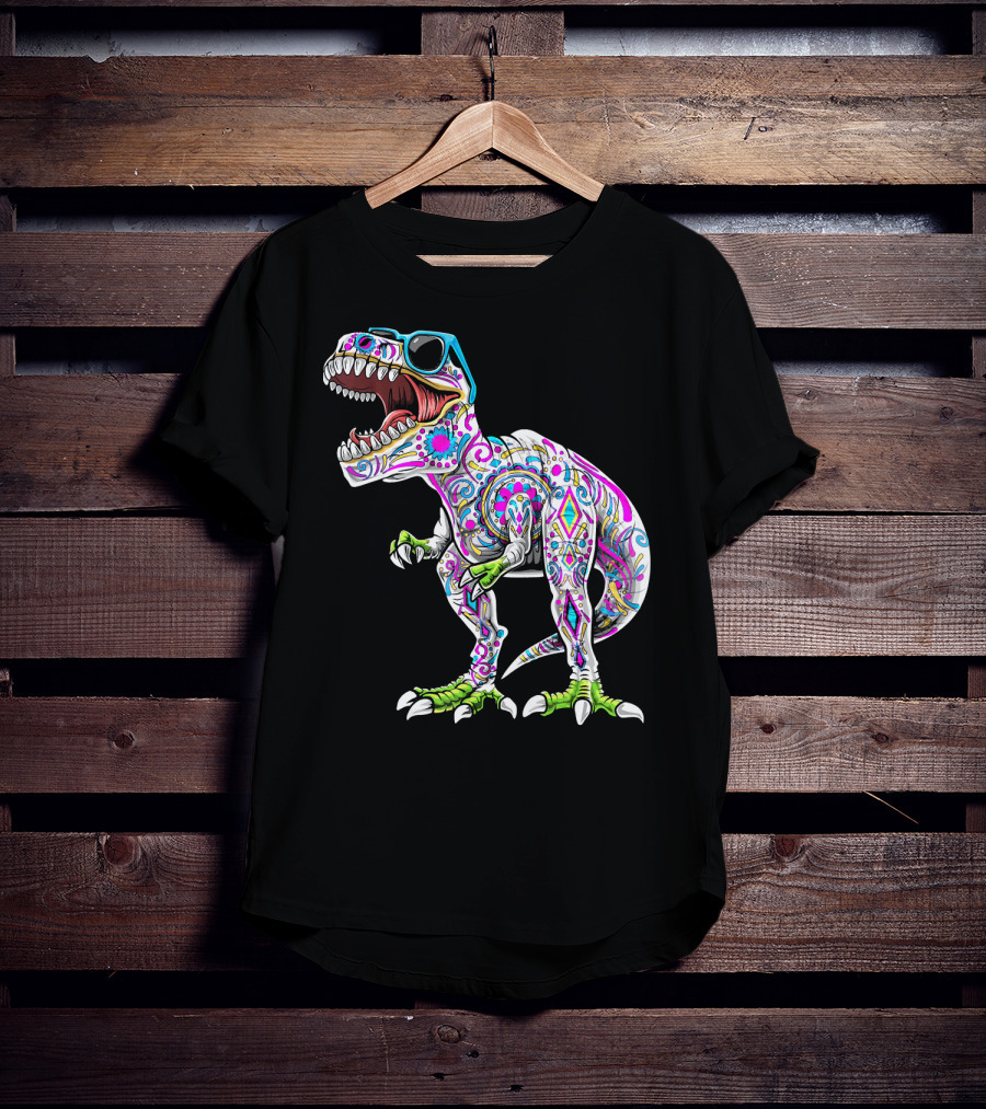 Day Of The Dead Dia De Los Muertos T-Rex Dinosaur With Sunglasses T-Shirt