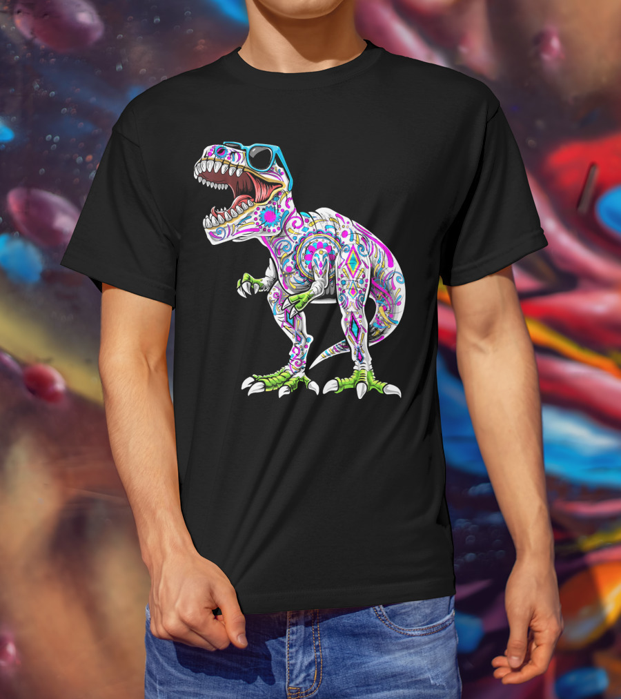 Day Of The Dead Dia De Los Muertos T-Rex Dinosaur With Sunglasses T-Shirt