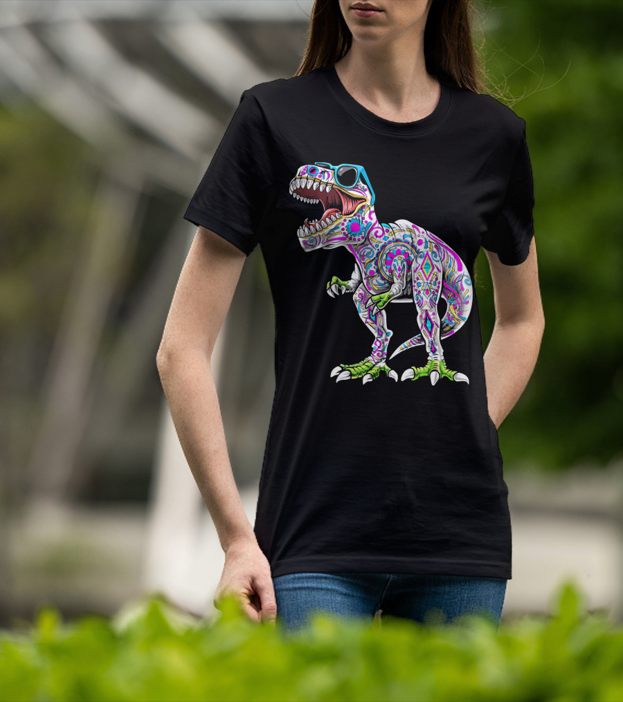 Day Of The Dead Dia De Los Muertos T-Rex Dinosaur With Sunglasses T-Shirt