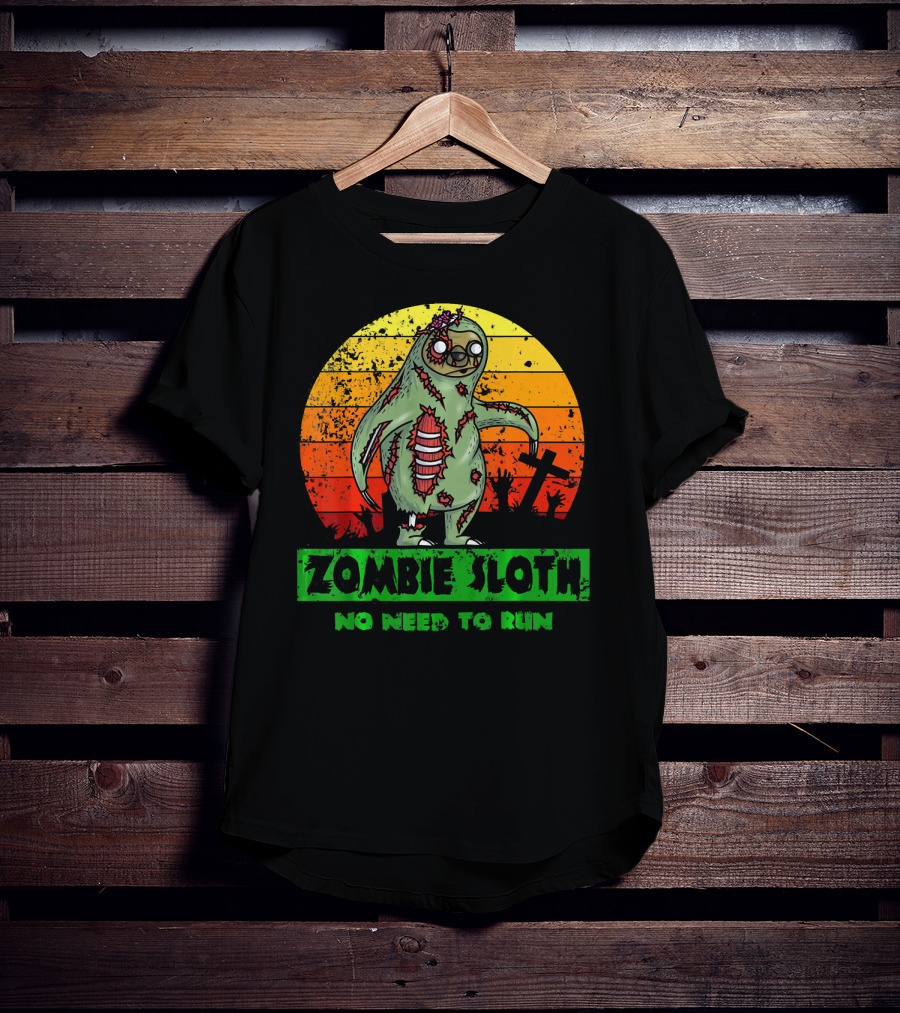 Zombie Sloth No Need To Run Sunset Cemetery Background T-Shirt