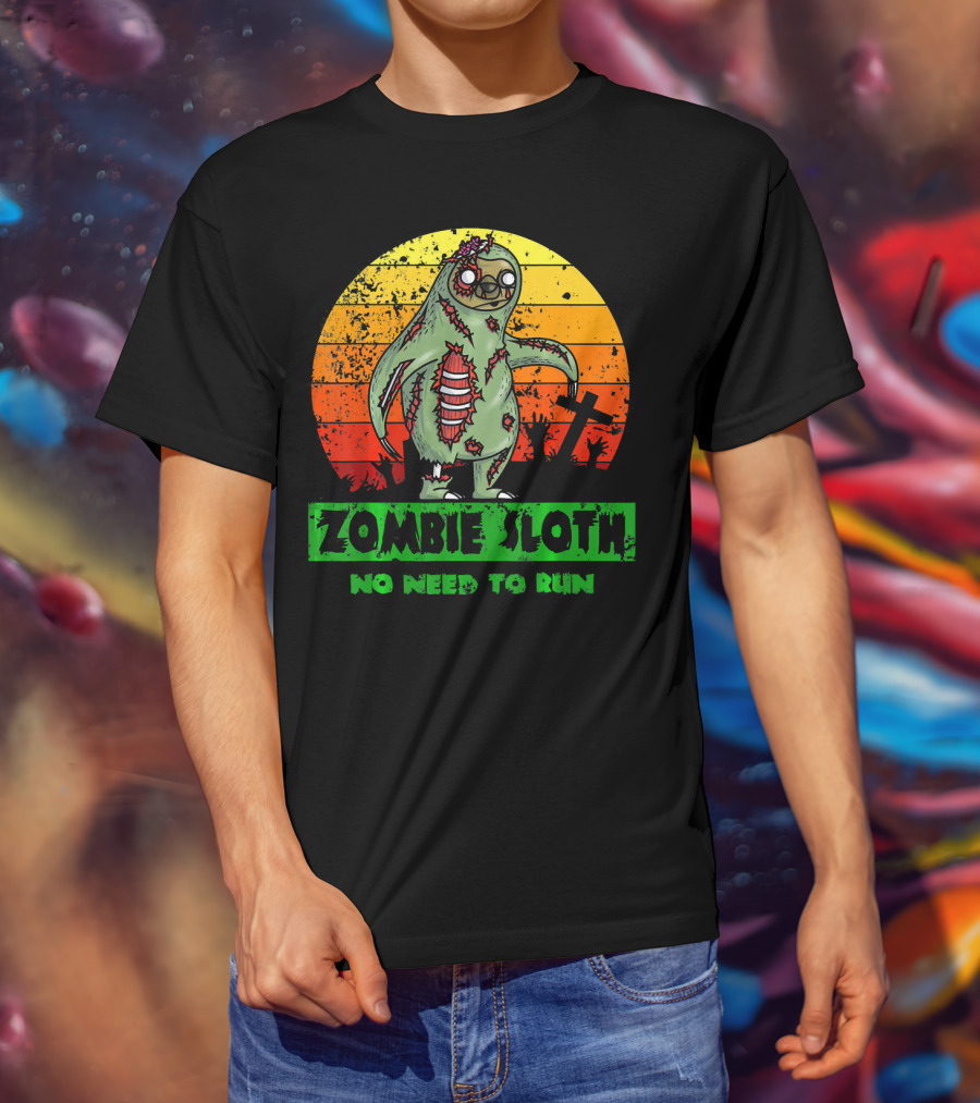 Zombie Sloth No Need To Run Sunset Cemetery Background T-Shirt