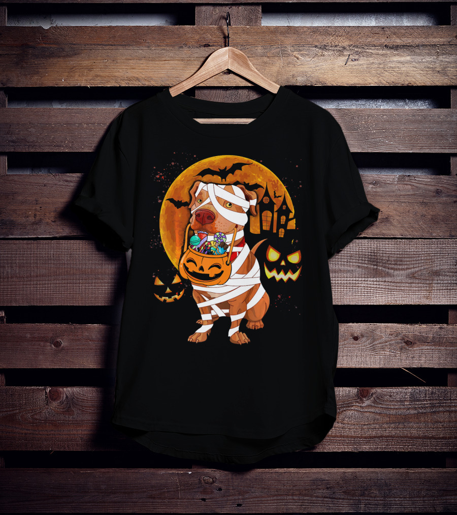 Funny Halloween Mummy Pitbull Boo Dog With Pumpkin Candy And Scary Moon T-Shirt