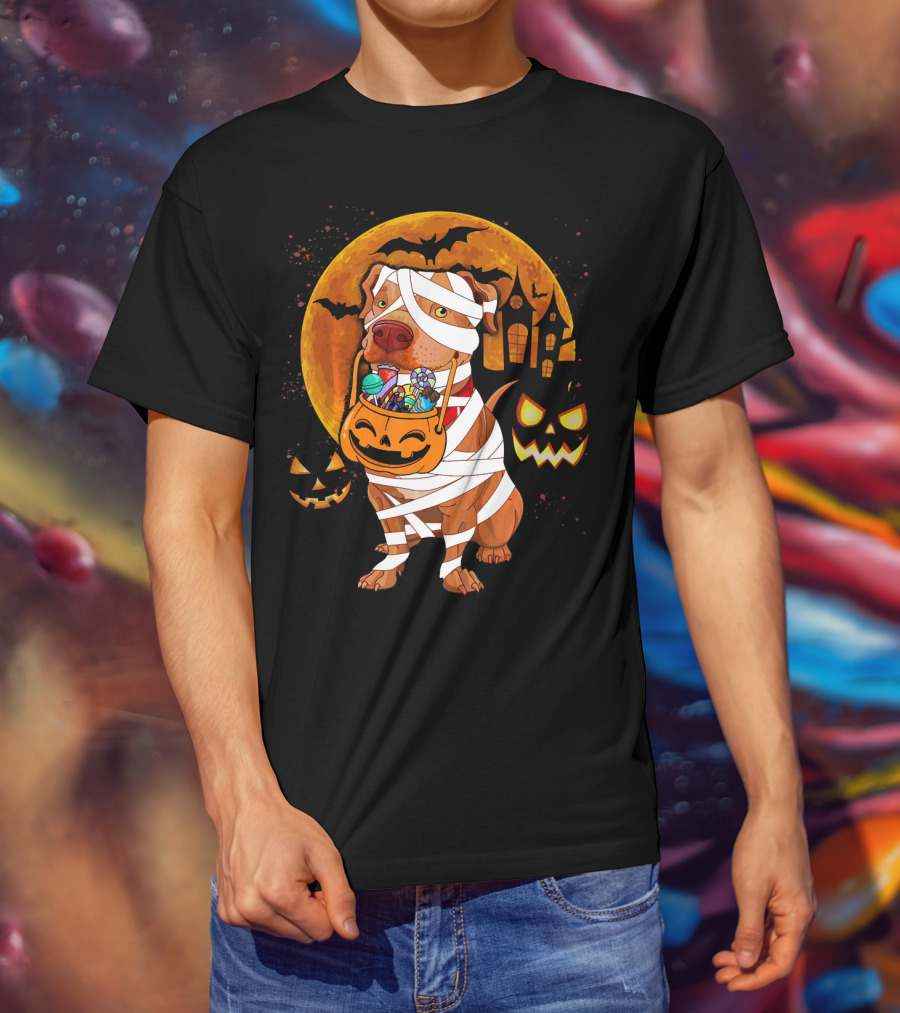 Funny Halloween Mummy Pitbull Boo Dog With Pumpkin Candy And Scary Moon T-Shirt