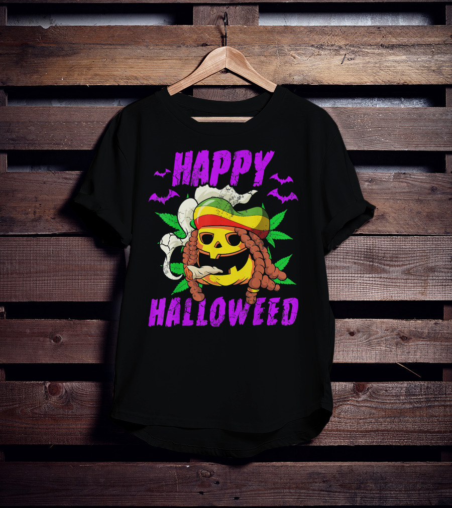 Happy Halloweed Rasta Pumpkin Smoking Weed With Bats And Jamaican Colors T-Shirt
