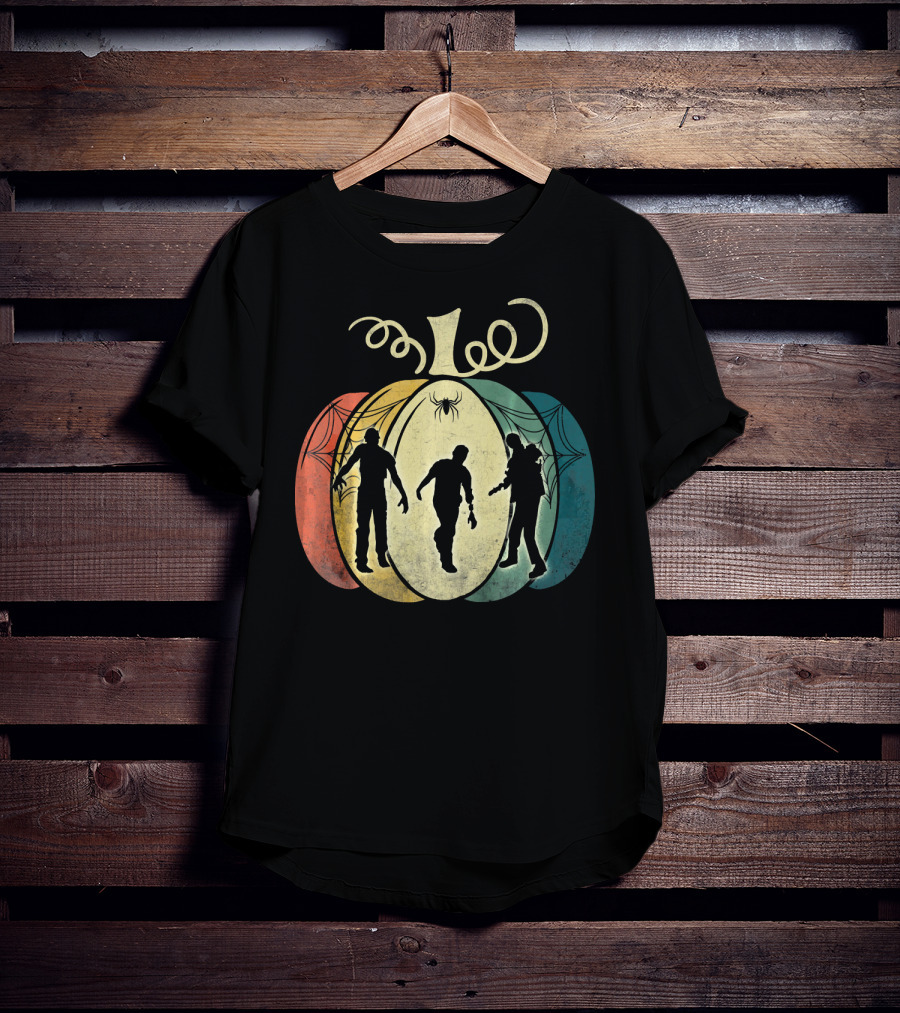 Pumpkin With Zombie Silhouettes And Spider Webs T-Shirt