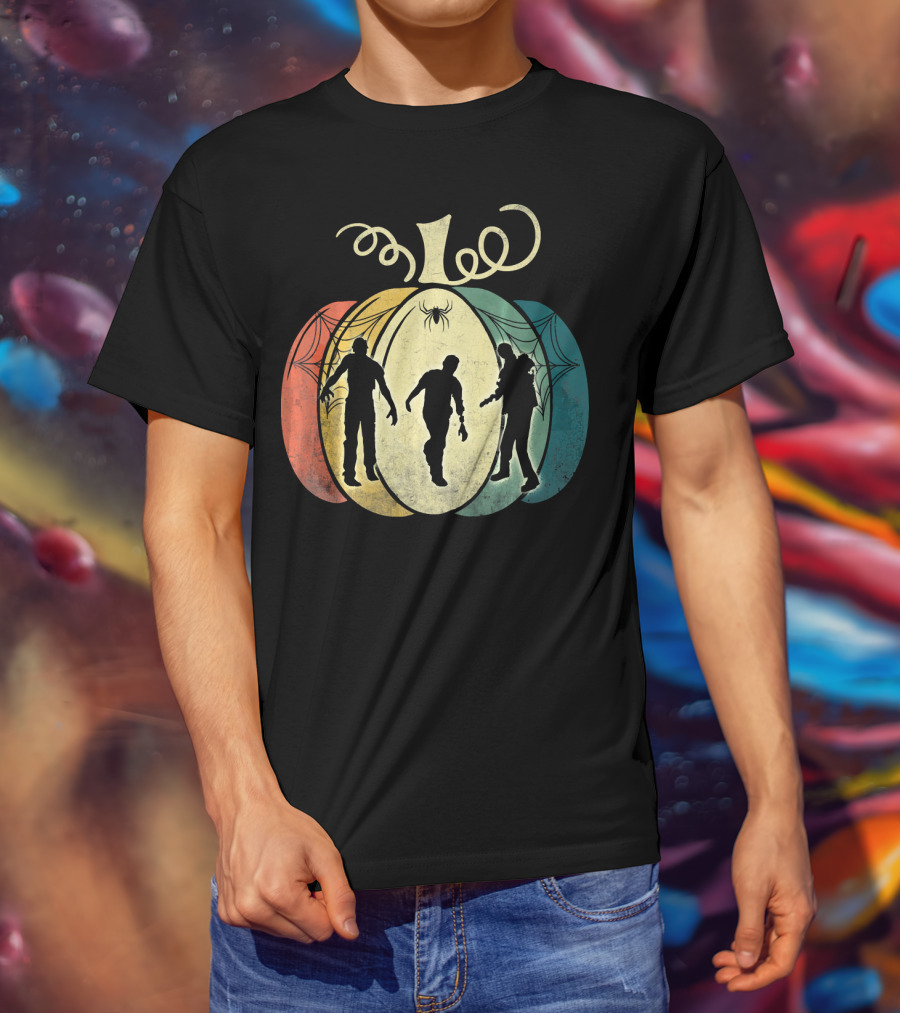 Pumpkin With Zombie Silhouettes And Spider Webs T-Shirt