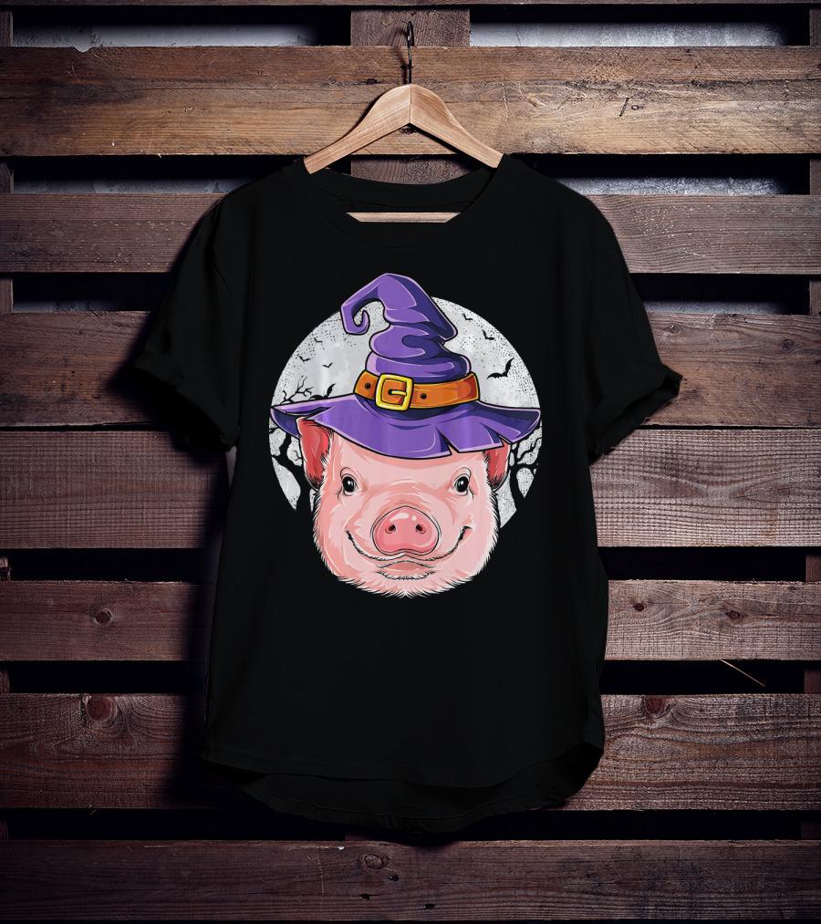 Pig Wearing Purple Witch Hat With Spooky Full Moon And Bats T-Shirt