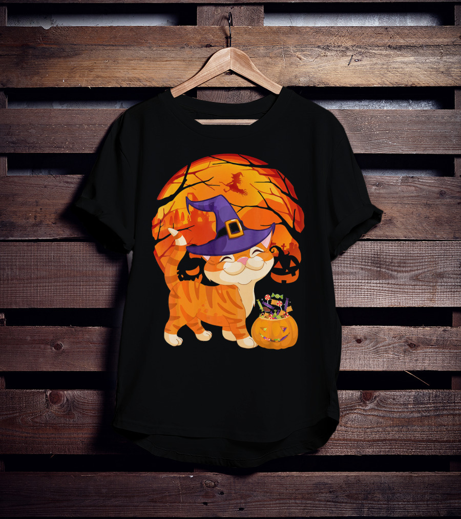 Halloween Costume Cat Witch Hat Happy Pumpkin Moon Scene T-Shirt