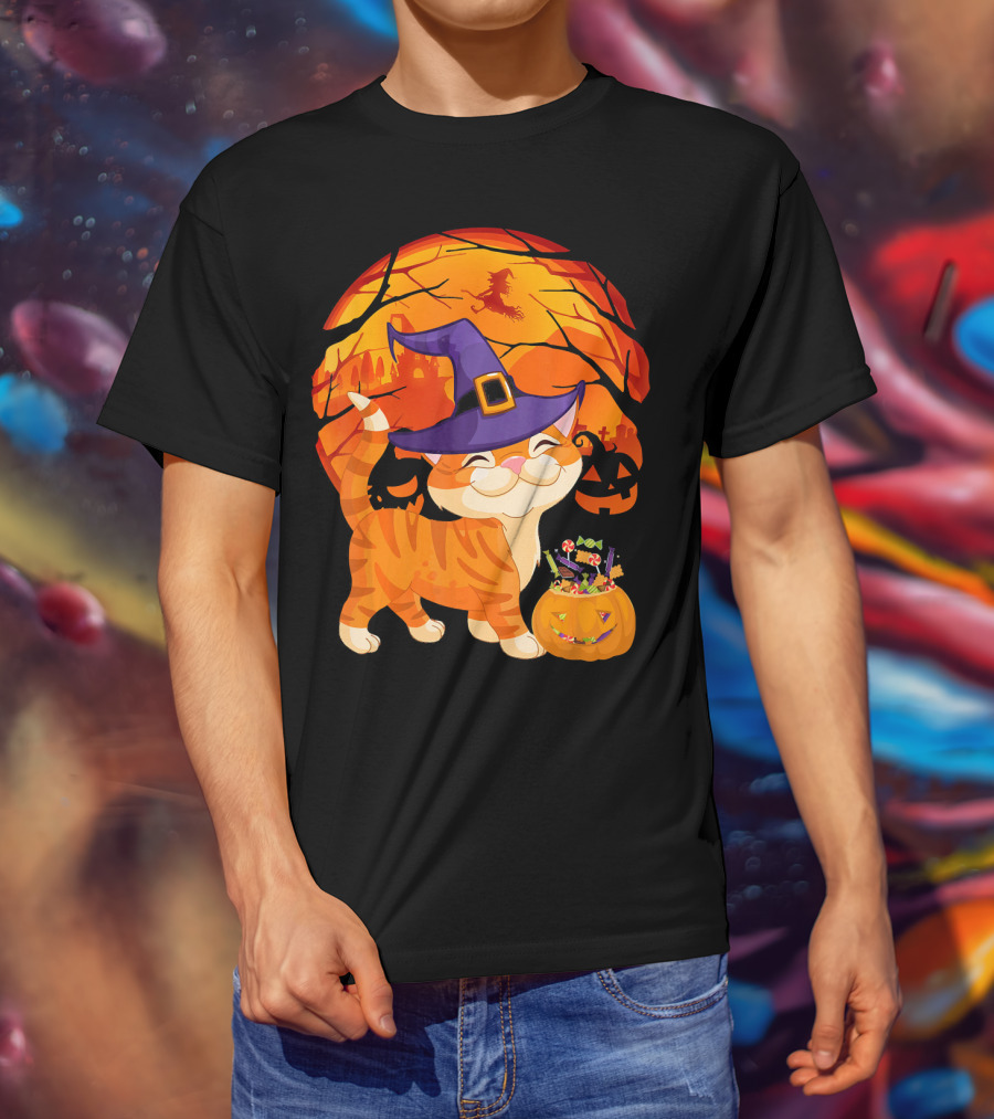 Halloween Costume Cat Witch Hat Happy Pumpkin Moon Scene T-Shirt